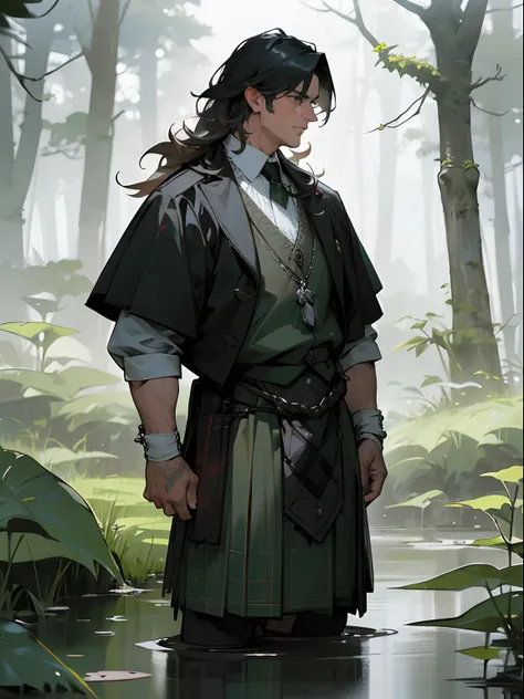 A handsome adult man with a strong masculine face, wearing traditional scottish garb including a kilt, in a misty scottish forest, standing in front of a river, (long watery wild hair, water weeds in hair), silver chain around his neck