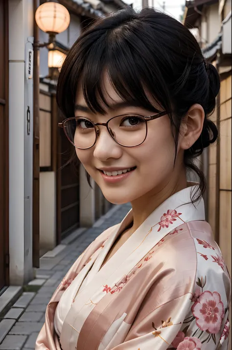 ((solo)), 1girl, japanese woman, blush, perfect illumination, wavy short black hair, brown eyes, sidelighting, detailed face, bangs, bright light skin, big smile, rimless glasses, kimono, furisode, close-up portrait, traditional japanese street