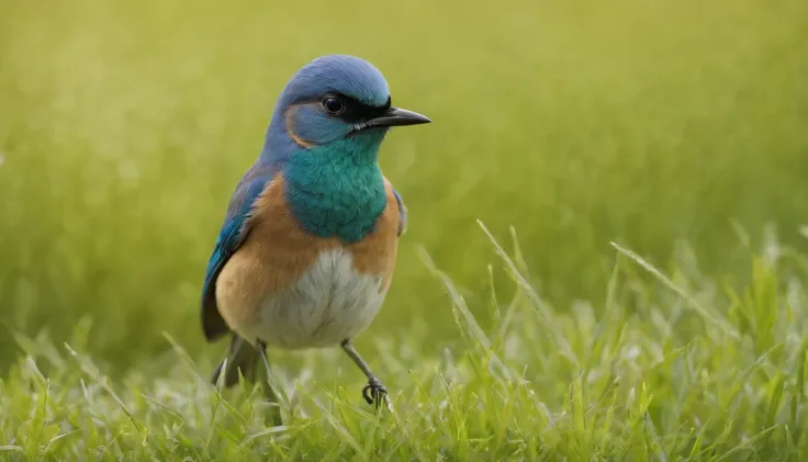 Green grass,Little blue bird chatting,Friendly atmosphere