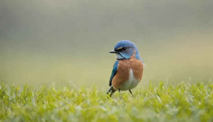 Green grass,Little blue bird chatting,Friendly atmosphere