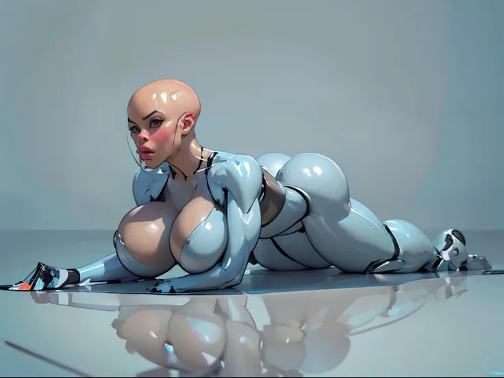 8k ((laying on all fours:1.5)) ((side view:0.3))(large eyes:1.3), defined cheekbones, 1woman, ((the pit style:1.4))((woman has no face, ((sleek chrome bodysuit:1.6)) (detailed face:1.5), lightblue skin,(puffy lips:1.5) (lightblue skin:1.6), (bald woman:1.7...