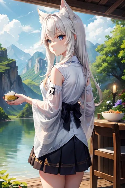 female, neko, bowl of rice in hand, （（tmasterpiece）），（（best qualtiy）），（（high detal）），（（Realistis，））（（ultra - detailed ),   lake, detailed background, clouds rain,