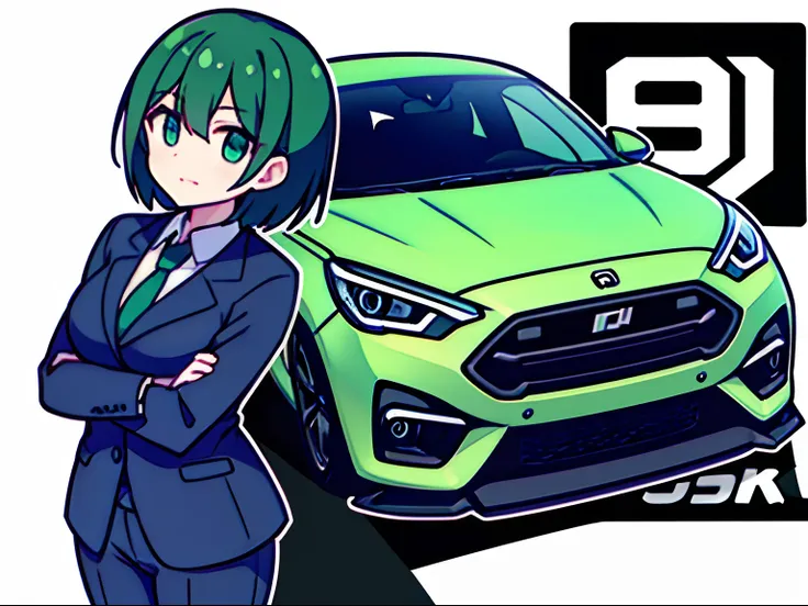 The logo of the car tuning company、Girl in suit with short green and black hair