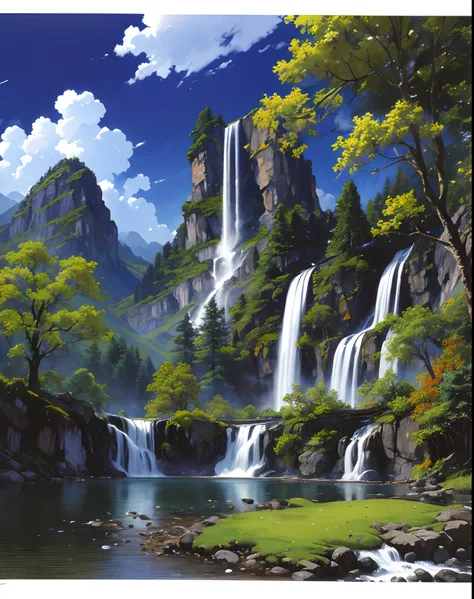 (master part:1.1), (extremely high quality:1.1), (HDR:1.0), altamente detalhado, pintura a tinta chinesa, pintura a tinta colorida, montanha, waterfall, lago, tree