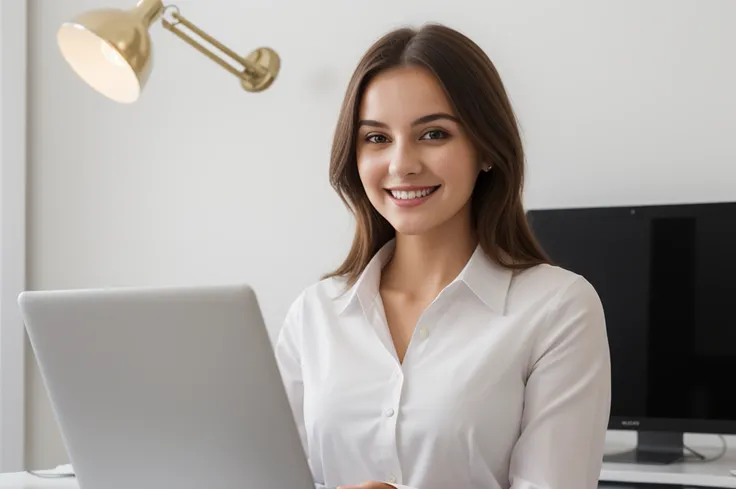 Smiling woman sitting at desk with laptop, In front of a computer, young business woman, Sitting in front of a computer, sitting in front of computer, Smiling young woman, well lit professional photo, womens pictures, Wearing a white blouse, Woman in busin...