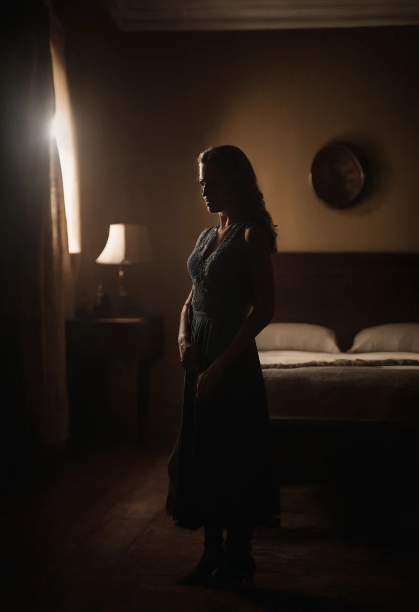 mujer poseida por el demonio, en habitacion oscura y sucia. terror. El estilo es hiperrealista, fotorrealista, cinematography, Hermoso UHD