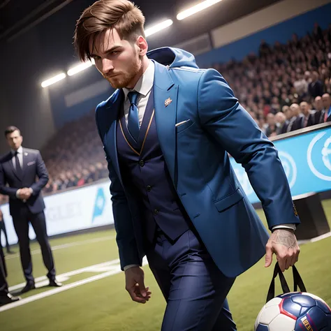 Football player leo messi wear blue coat pent and tie