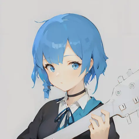 Anime girl with blue hair holding guitar, short blue haired woman, rimuru，girl，tmasterpiece