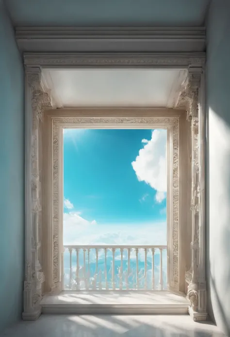 large square window,two sides open to the turquoise blue sky with a white sun between clouds,transparent staircase ascending to the heavens