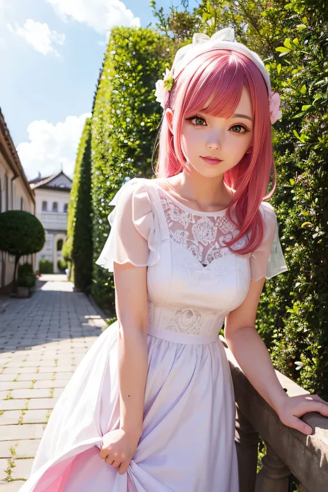 masutepiece, Best Quality, super detailed, Illustration, Beautiful detailed eyes, close up, 1 girl, Pink hair, White Dress, Villa entrance and exit, Standing position, Face down