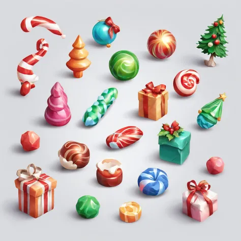 3D vector set of Christmas icons in the style of Ateigailan, Combine realistic and fantastical elements, Realistic and highly detailed rendering of Candy Core, low poly, Soft muted color palette, Watercolor separation type isolated on white background