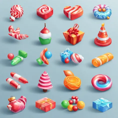 3D vector set of Christmas icons in the style of Ateigailan, Combine realistic and fantastical elements, Realistic and highly detailed rendering of Candy Core, low poly, Soft muted color palette, Watercolor separation type isolated on white background