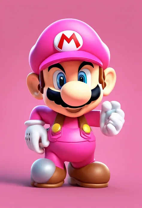 (Mario), design de personagens, Nintendo Super Mario, (pantera rosa com detalhes em rosa choque )super bonito estilo caixa cega, Chibi, corpo inteiro, exaggerated expressions and actions, fundo limpo, Destaques iridescentes brilhantes, studio lighting, Atm...