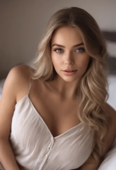 arafed woman fully , sexy girl with blue eyes, ultra realistic, meticulously detailed, portrait sophie mudd, blonde hair and large eyes, selfie of a young woman, bedroom eyes, violet myers, without makeup, natural makeup, looking directly at the camera, fa...