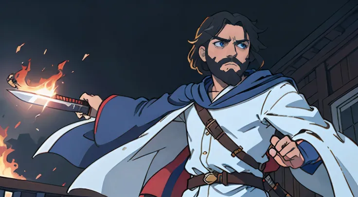 one man only, modest skin, fair skin, black hair, short hair, wavy hair, black beard, full beard, clean beard, left eye red, right eye blue, katana, fire, white and blue king’s robes, white and blue half cape, no crown, castle balcony, action shot, victory...