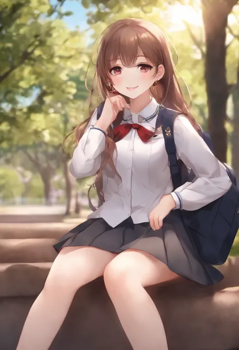 1girll,((school uniform)), Blush,Light smile, Sitting,Outdoors,