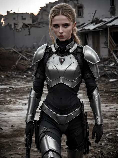 tmasterpiece, Ultra Detailed, 8K, RAW photo, Realistic light, cinematic  composition, realistic face, Realistic skin, (woman from Ukraine), (Torn and dirty military tactical armor), Cute sexy, perfect anatomy, war, Cinematic lighting, A ruined village, nig...