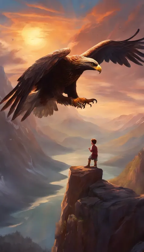 Ultra realistic vista of a giant eagle holding a happy energetic preschool boy with radiant eyes and eagle tattoos in its claws. Very late sunset over the dark rocky mountains.
Trending iconic masterpiece!