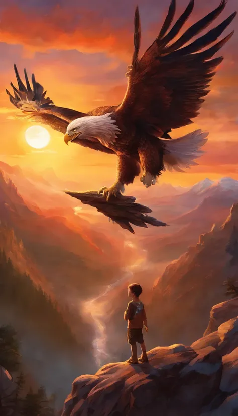 Ultra realistic vista of a giant eagle holding a happy energetic preschool boy with radiant eyes and eagle tattoos in its claws. Very late sunset over the dark rocky mountains.
Trending iconic masterpiece!