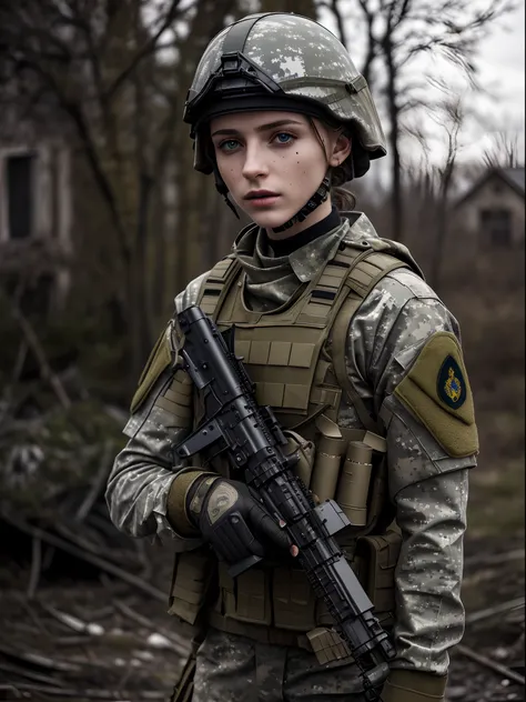 tmasterpiece, Ultra Detailed, 8K, RAW photo, Realistic light, cinematic  composition, realistic face, Realistic skin, (woman from Ukraine), (Torn and dirty military tactical camouflage), body armor, Cute sexy, perfect anatomy, war, Cinematic lighting, A ru...