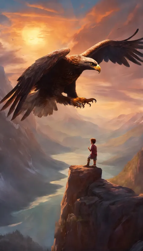 Ultra realistic vista of a giant eagle holding a happy energetic preschool boy with radiant eyes and eagle tattoos in its claws. Very late sunset over the dark rocky mountains.
Trending iconic masterpiece!