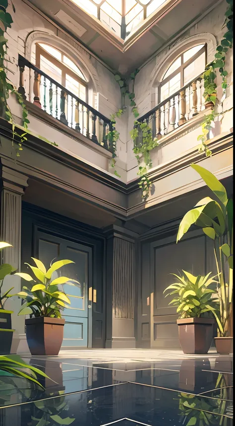 Large fantasy abandoned mall, Flood the floor, glass ceilings, Upstairs viewpoint with parapet, green trees, vines, an orchid flower, Bromeliaceae, palmeiras, Ornaments, Golden, Many plants, Tropical plants, marble walls, Dynamic light, 8K, Masterpiece, Ul...