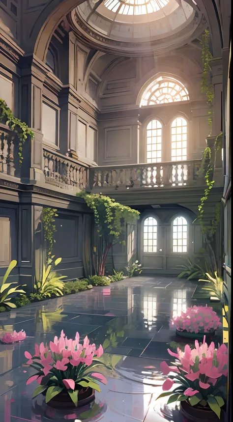 Large fantasy abandoned mall, Flood the floor, glass ceilings, Upstairs viewpoint with parapet, green trees, vines, an orchid flower, Bromeliaceae, palmeiras, Ornaments, Golden, Many plants, Tropical plants, marble walls, Dynamic light, 8K, Masterpiece, Ul...