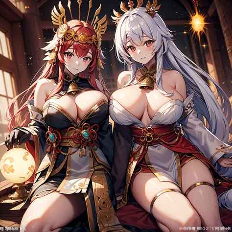 masutepiece, Best Quality,Unity 8k壁纸, ultra-detailliert, Beautiful and aesthetic, Beautiful, Official art, Amaterasu Priestess, SanDisk, Solar Flare Spell, Blessing of the Sun Goddess, divine intervention,Colossal tits、full body Esbian、A bell hangs on his ...