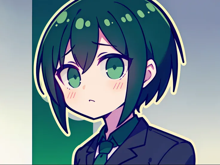 Green and black short hair sad girl in suit