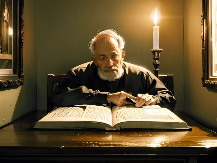 Old man reading the bible, hyper-realistic photography, realistic texture of clothes, candlelight lighting, realistic and faded scenery, concentrated expression, film film.