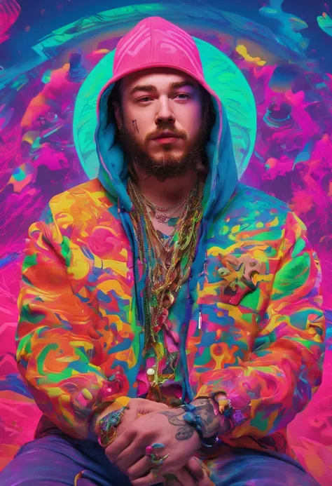 a man (Post Malone) wearing a hoodie with cap and a dollar sign chain and tattoo in his neck like a professional rapper with a neon makeup and headdress , transgressive art, sharp focus, 8 k, octane render , saturated colors, pastel colors