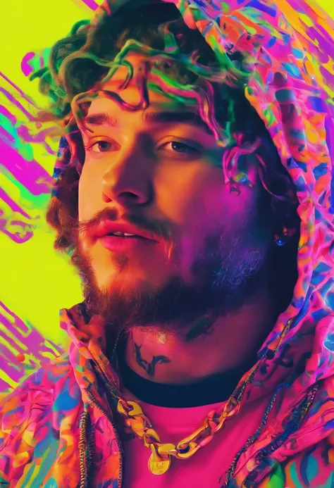 a man (Post Malone) wearing a hoodie with cap and a dollar sign chain and tattoo in his neck like a professional rapper with a neon makeup and headdress , transgressive art, sharp focus, 8 k, octane render , saturated colors, pastel colors