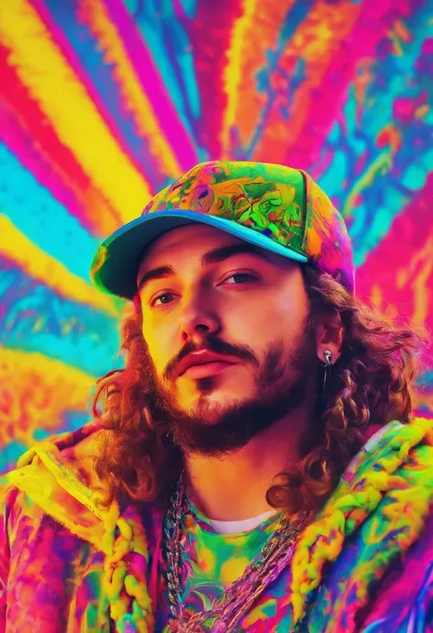 a man (Post Malone) wearing a hoodie with cap and a dollar sign chain and tattoo in his neck like a professional rapper with a neon makeup and headdress , transgressive art, sharp focus, 8 k, octane render , saturated colors, pastel colors