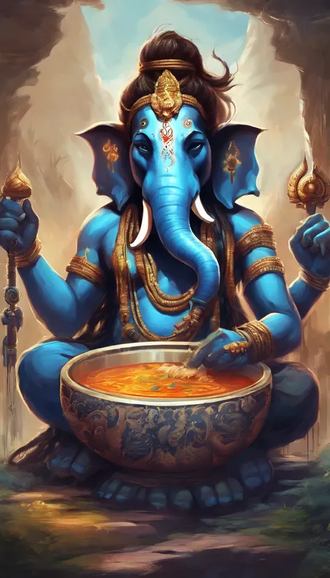 (Soup house)，(Dreadlock-haired Lord Shiva with blue skin and elephant Ganesha)，