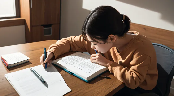 1 woman, writing essay, desk, pen,