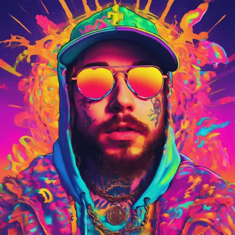 a man (Post Malone) wearing a hoodie with cap and a dollar sign chain and tattoo in his neck like a professional rapper with a neon makeup and headdress , transgressive art, sharp focus, 8 k, octane render , saturated colors, pastel colors