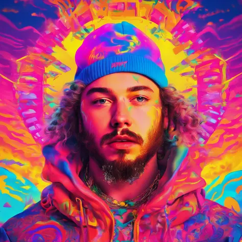 a man (Post Malone) wearing a hoodie with cap and a dollar sign chain and tattoo in his neck like a professional rapper with a neon makeup and headdress , transgressive art, sharp focus, 8 k, octane render , saturated colors, pastel colors