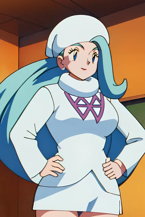 1girl, solo, (((melony (pokemon) 1.2))), long hair, blue eyes, gigantic breasts, mature female, wide hips, round face, thighs, white headwear, fur hat, thighhighs, white sweater, long sleeves, white scarf, (((Upper body 1.9))), seductive smile, (((hand on ...