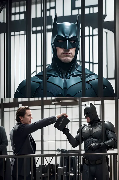 batman and a man in a suit standing in front of a cage, still from the dark knight, film still of batman, the dark knight, from movie batman, dark knight, in batman, Christian Bale as batman, batman, in his suit, still image from batman movie, christian ba...