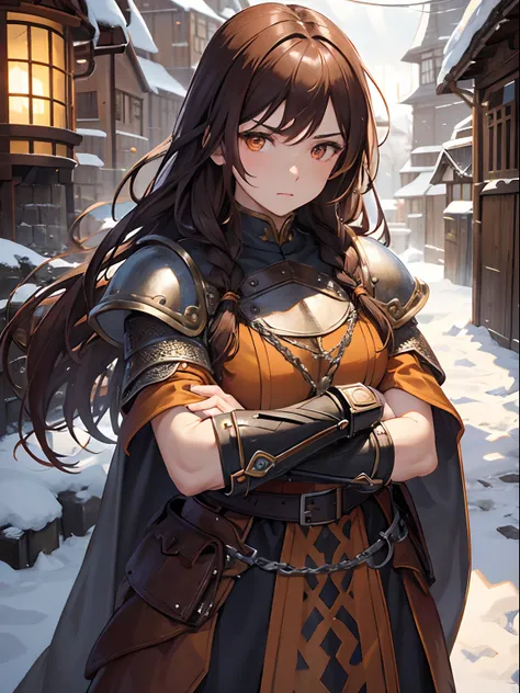 Close up, fantasy world, snow, medieval city gate, adult woman, serious expression, long brown braided hair, brown hair, orange eyes, muscular, chainmail, baggy yellow clothing, leather elbow guards, leather, circular wooden shield, crossed arms