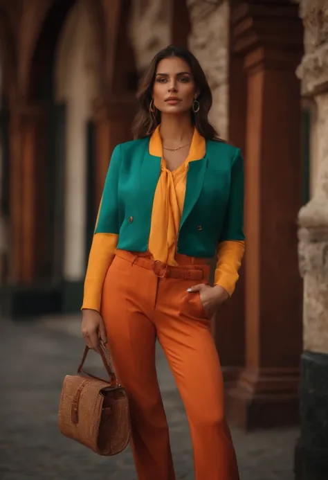 mujer hermosa cuerpo completo, posing on camera, ropa normal una chaqueta y pantalones largos mirada de frente, en la mano cuenta con un pasaporte