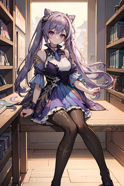 (best quality), (extremely detailed CG unity 8k wallpaper), (highly detailed), ((absurdres)), detailed beautiful eyes, pink eyes, purple hair, raccoon tail, 1girl, solo, full body, sit on chair, library,