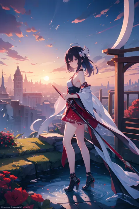 2D, HD, Detailed details, Detailed landscapes, top-quality, Highly detailed, masterpiece, best quality, highres, solo, 1girl, Seele, Miko clothes