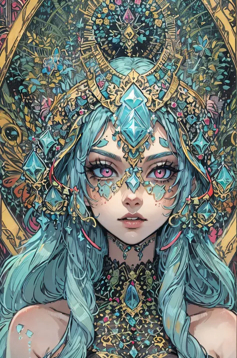 Realistic, (Masterpiece, Top Quality, Best Quality, Official Art, Beauty and Aesthetics: 1.2), Very Detailed, Fractal Art, Colorful, Most Detailed, Zentangle, (Abstract Background: 1.5) (3 girl3), God, long Blue Hair, (Glowing black Eyes), Pectals, Abs, th...