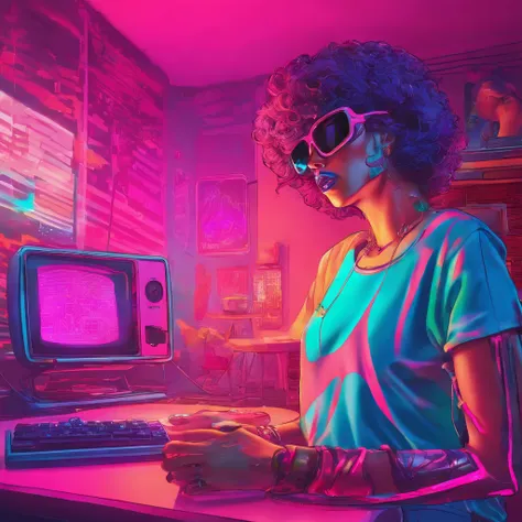 vintage 80s female mannequin wearing a 80s
Florida t shirt, in the shadows getting out of
bed, next to a lucite table with a Vaporwave
style ceramic coffee cup with coffee in it, inside
of a vintage Miami Vice themed bedroom, with
a neon flamingo lamp on t...