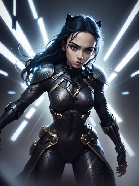 girl 25 years old, beautiful like Black Panther 8k, high definition, Detailed face, Detailed face, Detailed eyes, detailed suit, in the style of Marvel and DC, hyper-realistic, + cinematic shot + dynamic composition, incredibly detailed, sharpen, Details +...