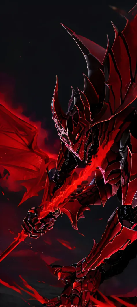 A close-up of a toy with a bat, demonic dragon inspired armor, Alas de demonio, Armadura reflejada negra y roja, Alas negras en lugar de brazos, Fat torn satanic creature, draconic looking armor, Traje rojo y negro!!!, Esquema negro y rojo, ojos totalmente...