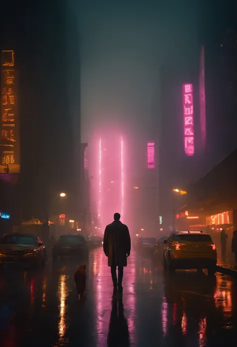 "Joe, the enigmatic protagonist of Blade Runner 2049, finds himself standing at the edge of a bustling metropolis. As he gazes into the neon-lit cityscape beneath a stormy, smog-filled sky, sadness, raining, gazing upwards. neon lights, close up, wet."