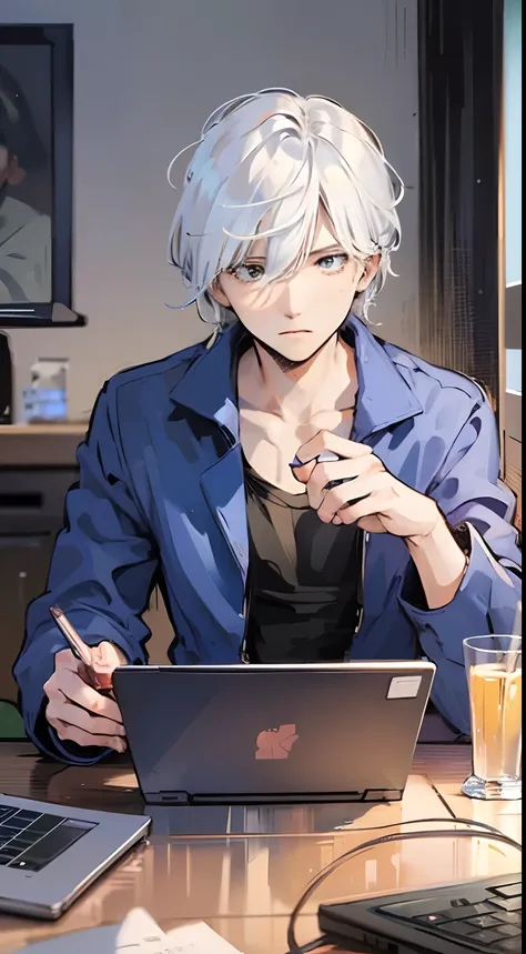 A young man sits fiddling with his laptop，White hair，A black T-shirt and blue coat, His strength is technology, Semi-realism