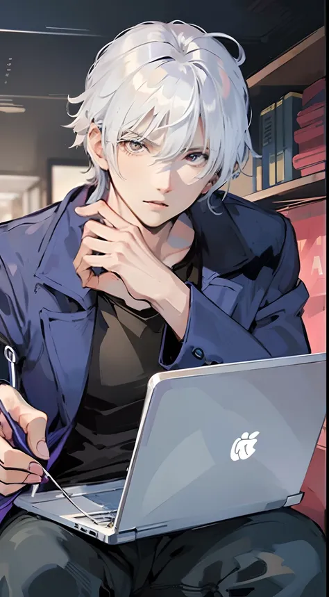 a young man sits fiddling with his laptop，white hair，a black t-shirt and blue coat, his strength is technology, semi-realism